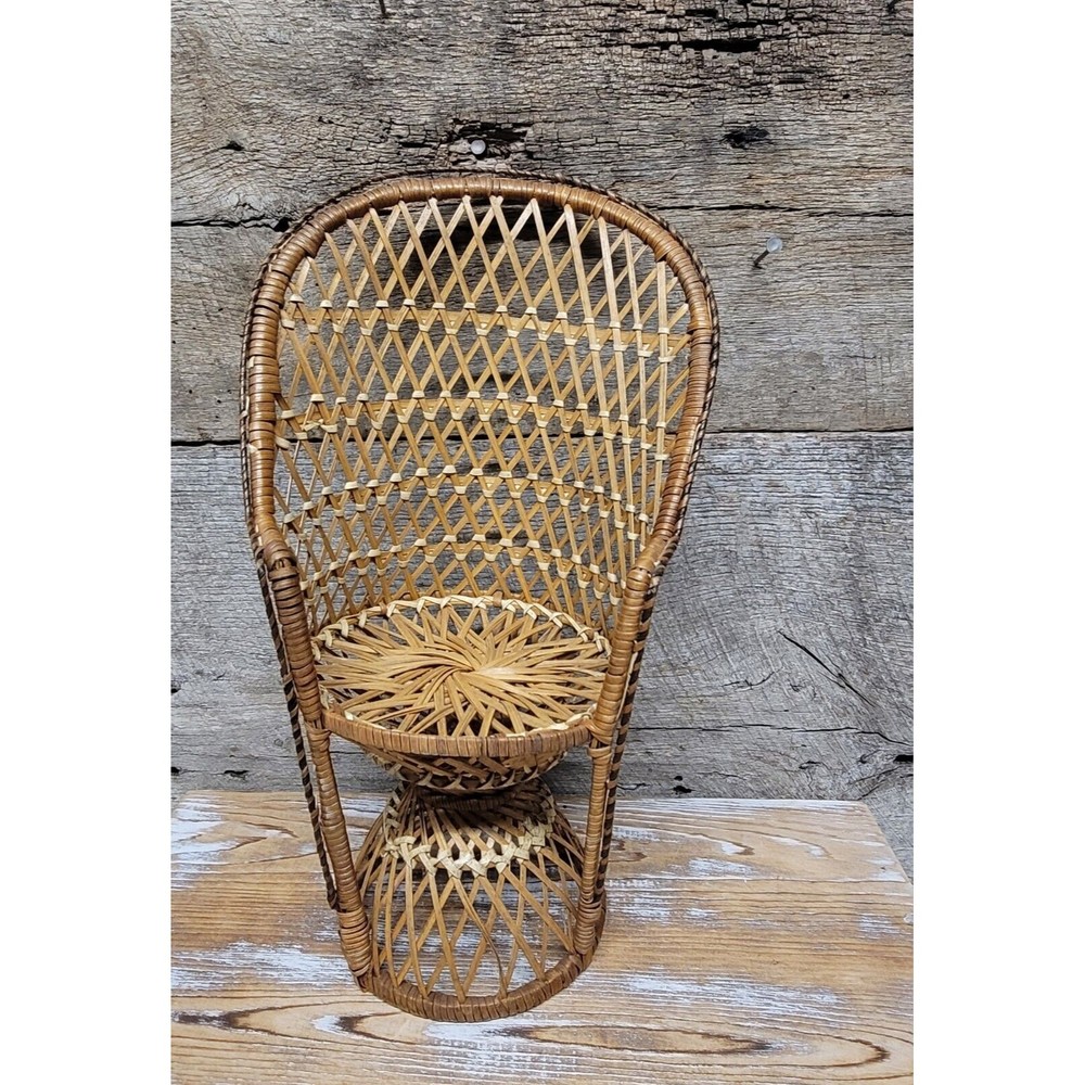 14" Vintage Mini Peacock Wicker Rattan Chair Plant Stand Boho Doll Chair